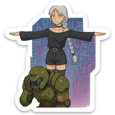  young woman with gold yellow eyes, white hair, long braid, black off-shoulder top, punk gothic style, futuristic cyberwave cyberpunk,, she is calmly t-posing above a cowering doomguy sticker