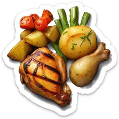 Grilled chicken, with cooked potatoes and grilled vegetables on a plate sticker