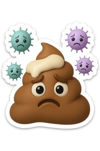 emoji stile iphone 3d di una cacca con muco bianco sopra, dietro cui fluttuano batteri intestinali tristi, iperrealistiche 4k sticker