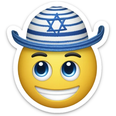 Create an emoji-style smiley face wearing a traditional Jewish kippah and a tallit, incorporating Mexican cultural influences. The face should have a warm, friendly expression. Add elements like vibrant colors, decorative patterns inspired by Mexican art (such as Talavera or papel picado designs), and possibly a subtle sombrero blend with the kippah. The tallit should have blue and white stripes but can feature a hint of Mexican embroidery. The overall aesthetic should be cheerful and culturally harmonious." sticker