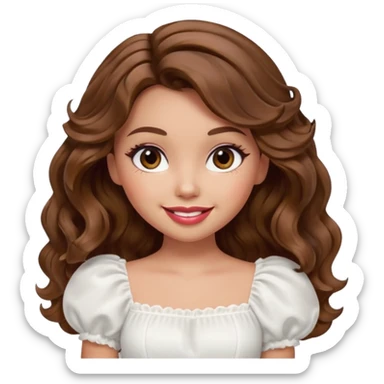 generate a pretty bratz girl with in a white puff sleeve top. lipgloss on . Brown wavy hair long.  sticker