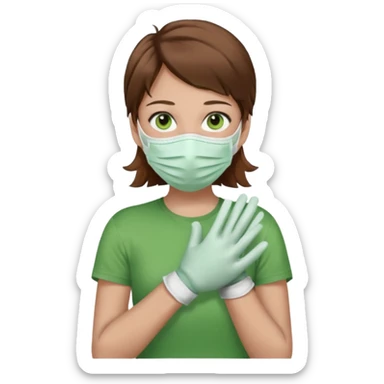 Humano de pelo marrón y ojos verdes, con un cubre boca, que tiene una camisa verde por encima de una remera blanca, y tiene un guante sin dedos en una sola de las manos sticker