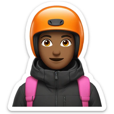 A brunette skier with brown snow pants, a black helmet, and a jacket with an orange body and pink sleeves sticker