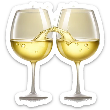 Two wine glasses filled with white wine clinking together in a toast, with soft sunlight highlighting the golden liquid and droplets of condensation on the glass sticker