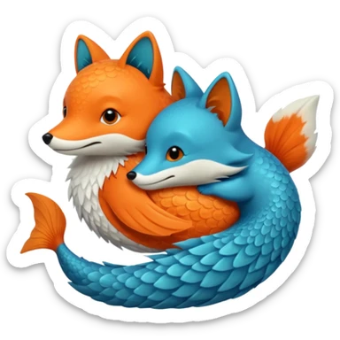 An orange fish and a teal blue fox, that are hugging or cuddling each other sticker