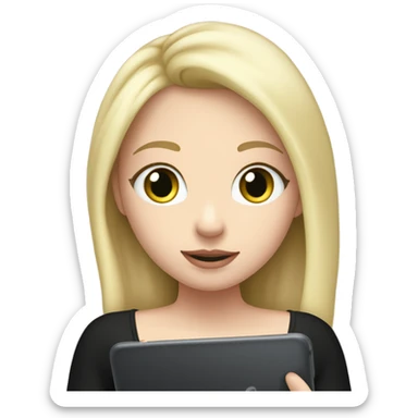 Apple grey ipad in girls hands (blond Girl whole height pinky lips greenish eyes wearing black top, holding IPad in one hand) the screen of the ipad is opposite to the girl‘s face sticker