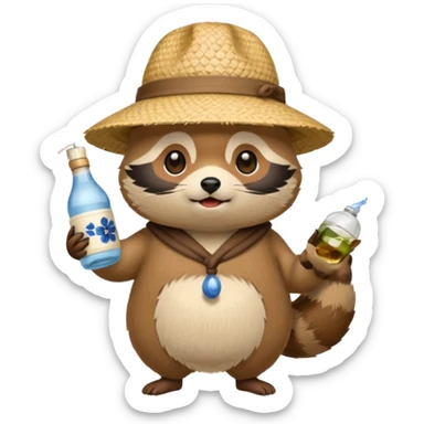 japanese tanuki with straw hat and sake bottle sticker