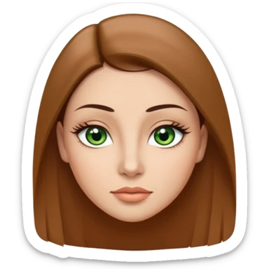 Adult woman avatar, light skin tone, oval face, long straight brown hair, green almond-shaped eyes with dramatic eyelashes and minimal eyeliner, neutral mouth, medium straight eyebrows, small nose, smooth skin sticker