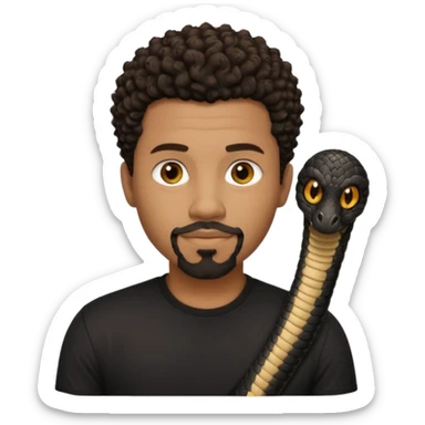 Homme noir, yeux marron avec un bouc sans la moustache, cheveux noir court et bouclé crépus avec un dégradé sur le côté, avec un cobra à côté , t-shirt noir  sticker