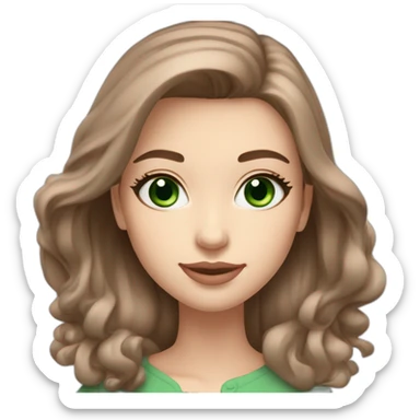 Long straight brown hair bright-emerald-green eyes medium-full dusty-pink lips oval face slightly arched eyebrows woman, slightly smiling close-lipped pale white skin sticker
