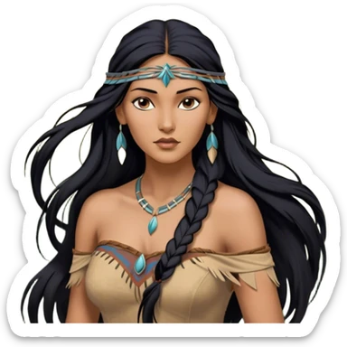 Cinematic Realistic Pocahontas Portrait, depicted with lifelike skin texture, soft natural lighting, and intricately detailed long, flowing raven-black hair that moves gracefully in the wind. Her deep, soulful dark brown eyes exude wisdom and strength, complemented by a serene yet powerful expression. She is dressed in her classic one-shoulder native american dress, with rich fabric textures and delicate beaded details that catch the light beautifully. The portrait features a soft, sun-kissed glow with a natural, radiant finish, capturing the essence of untamed beauty and deep connection to nature in a realistic and painterly style, evoking a sense of depth and authenticity. sticker