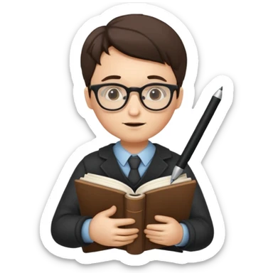 writer holding big pen in hand and closed book in other hand, wearing glasses sticker