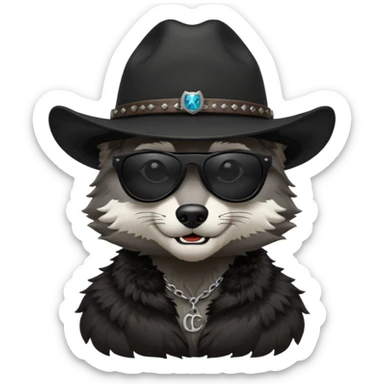 Wolf with dark sunglasses wearing a black cowboy hat with initials “FDT” sticker