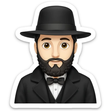Abstract stylized Hasidic Jewish man emoji with traditional wide black hat, simplified payot curls, short beard, traditional black coat, very generic face sticker