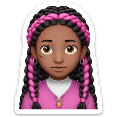 arikan, dark long hair whit pink 
and black braids. brown skin, smal round face and a big nose sticker