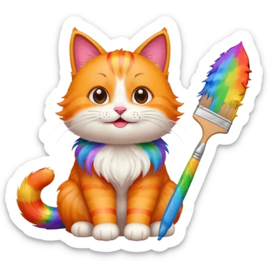 happy cat sitting with a giant rainbow paintbrush, cheerful, emoji style sticker
