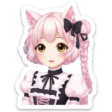 Gorgeous anime style catgirl with blushing face with maid outfit laces gothic Lolita idol model kawaiicore pastelcore cottagecore pearly petite simplistic aesthetic trending style sticker