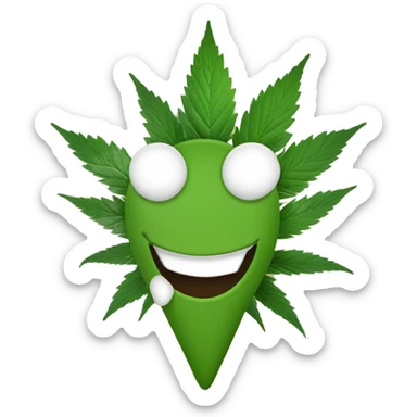 n emoji souriant, yeux mi-clos et détendus, avec une feuille de cannabis stylisée à côté, mais sans fumée ni joint visible. sticker