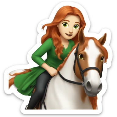 long-haired redhead woman with green eyes, on a horse back riding sticker