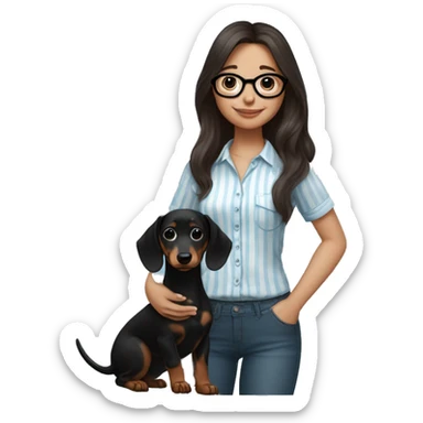 brunette girl with long hair,black glasses a light blue and white shirt with thin vertical stripes, holding a black dachshund puppy in her arms sticker