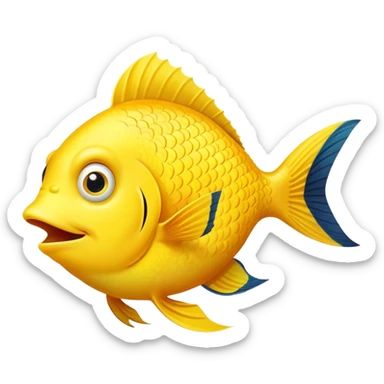 ultra derpy bright yellow fish in perfect side profile facing right, comically wide shocked eye, huge open mouth looking completely clueless, flat 2D side view only sticker