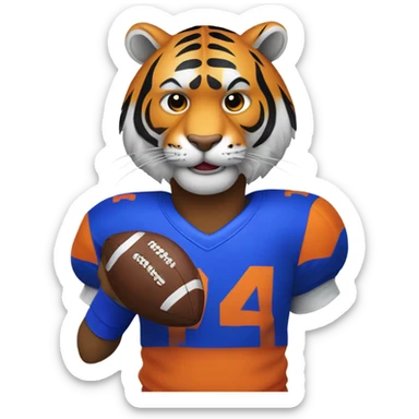 A tiger with a football and is wearing royal blue and orange sticker