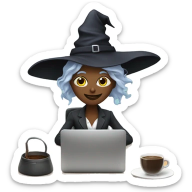 witch who works an office job with a computer and a coffee sticker