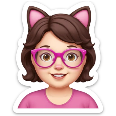 happy chubby English teacher face, pink cat glasses, wavy dark brown hair, online class setting sticker