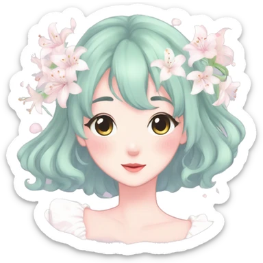 Gorgeous pastel anime style lady with blushing face and lilies cottagecore fairycore pastelcore colorful pearly romantic simplistic aesthetic trending style sticker
