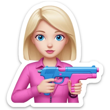 White Girl hand pink nails holding pink gun with blue eyes sticker