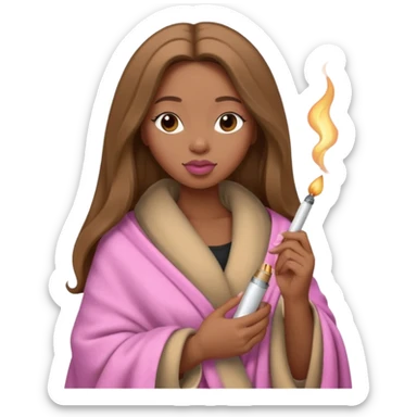 Curvy, light brown long hair, pretty black girl light pink lipgloss wrapped in blanket holding a lighter and brown cigarette  sticker
