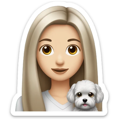 Caucasian Brunette girl long straight hair and hazel eyes holding a silver maltipoo sticker