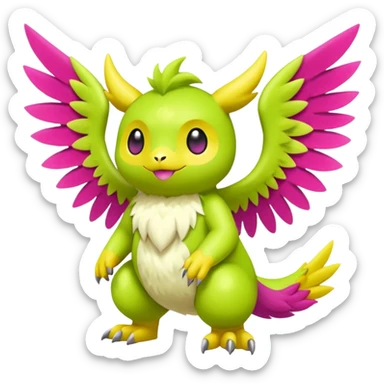 Lime-green and Yellow and Magenta furry cute kawaii winged Fakémon-Pokémon-Scalie-Digimon-creature (full body) sticker