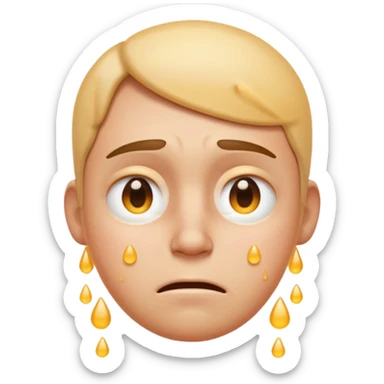 Apple-style emoji illustration of a person, overheated face with sweat drops, expression annoyed, half-closed exhausted eyes, soft 3D emoji style, smooth gradients, rounded shapes, simple expression, centered composition. sticker