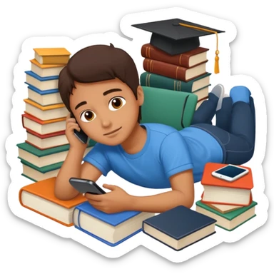 emoji student lying with phone instead of studying, lazy, books, white background, sticker
