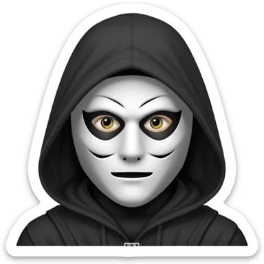 grayscale black mysterious masked hooded man with puzzle logo on hood sticker