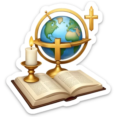 An icon featuring a holy book, a candle, and a cross, symbolizing religious studies. The design includes a globe with various religious symbols: a crescent moon and star (Islam), a lotus flower (Buddhism), representing global belief systems. Transparent background. sticker