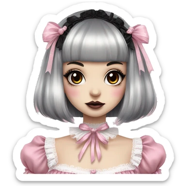 pale woman with short split dyed black and white hair and bangs, pink lips and eyeshadow, long eyelashes, brown eyes, pink Lolita dress with laces and ribbons, gothic Lolita doll look sticker