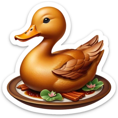 Cinematic Realistic Peking Duck Dish Emoji, depicted with crispy, roasted duck with glistening skin and succulent meat, rendered with rich textures and dramatic, appetizing lighting. sticker