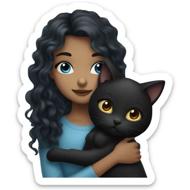 girl with gray blue eyes and long curly dark hair hugging black cat sticker