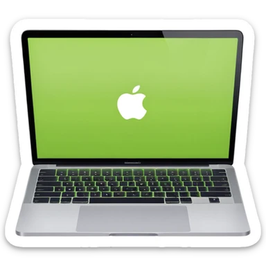 A macbook laptop front facing with its screen showing lime green screen. sticker
