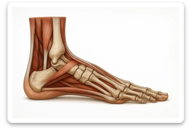 PIEDE UMANO ANATOMICO CON PIANTA PIATTA, VISTO DI PROFILO, CON FASCI MUSCOLARI E OSSA VISIBILI, REALISTICO 4K SFONDO BIANCO sticker