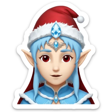Fantasy elf portrait emoji, Santa Claus hat with icy frost edges, thin icy crystal crown with deep red accents under the hat, elegant elven features, cold noble winter expression, icy blue and crimson color palette, minimal clean design, flat readable emoji style, male/female variant
 sticker