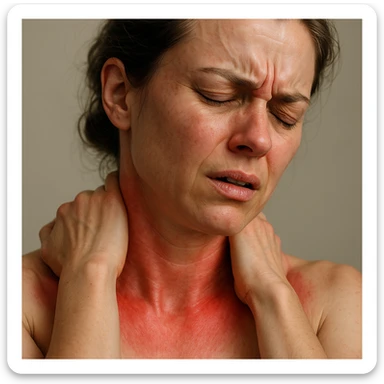 close-up of a woman with a painful expression, realistic body with red areas on neck and shoulders indicating widespread pain, hyperrealistic style, realistic anatomical details, 4K quality, neutral background sticker
