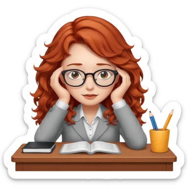 Pretty model, brown eyes, soft red wavy hair, falling asleep at desk sticker
