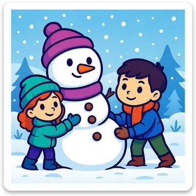 Show two different kids (different hair and clothing colors) building a snowman in a snowy background, keep the sticker style sticker