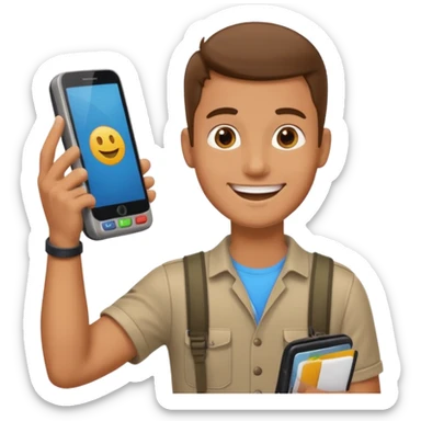 Draw a male tourist who pointed his phone to scan a QR code at a POS terminal. In the style of an Apple emoji sticker