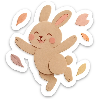 pale brown bunny spinning with flower petals around, paper-craft style sticker