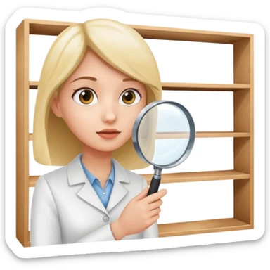 emoji of white empty shelf in perspective view with a standing woman nearby, she is looking at the shelfs with a magnifying glass sticker