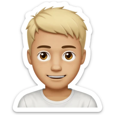 Male with short, messy blonde buzzstyle hair, large expressive golden-brown eyes, brown skin, subtle facial bruises and scratches, crooked smile showing slightly damaged teeth, wearing a plain white t-shirt. sticker